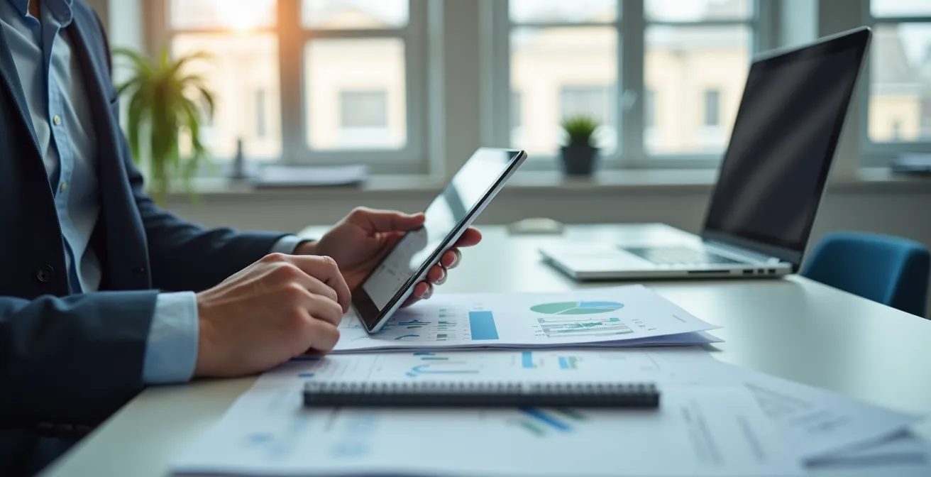 Personne consultant des graphiques financiers sur tablette dans un environnement professionnel