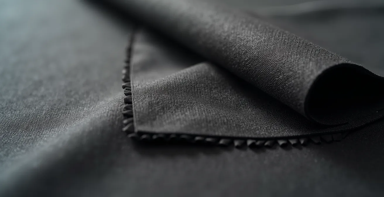 Détail macro d'un rideau occultant épais montrant sa texture et sa densité