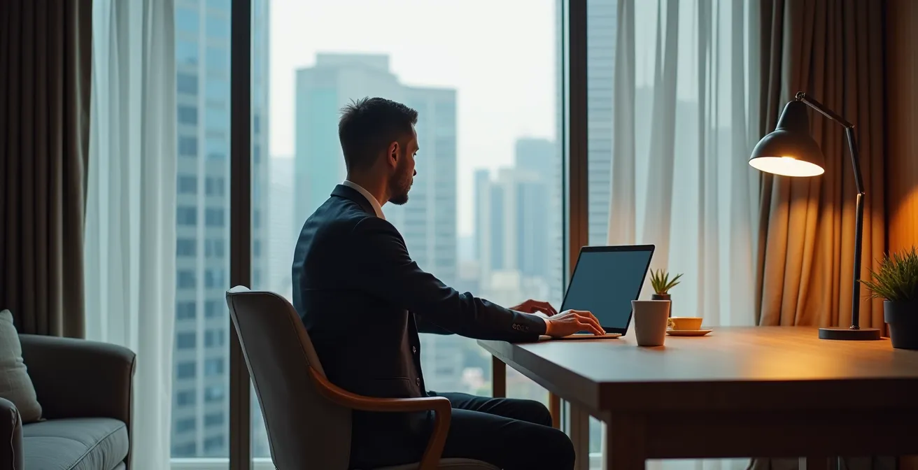 Intérieur d'appart'hôtel luxueux avec espace bureau moderne et vue panoramique