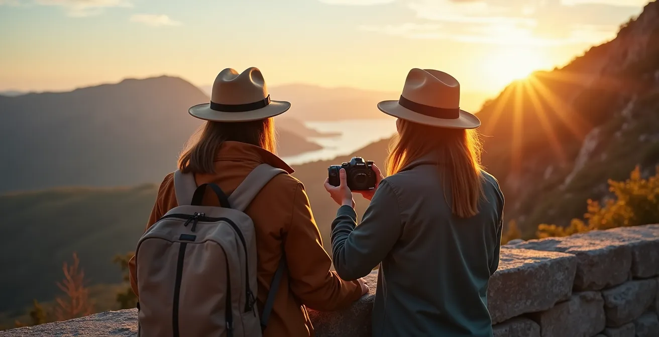 Couple de voyageurs photographiant un paysage depuis un belvédère routier