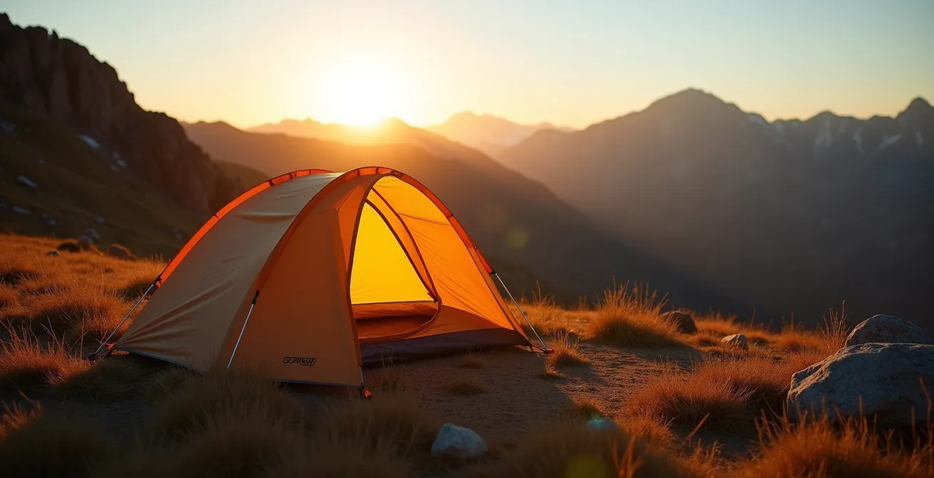 Tente ultralégère installée discrètement près d'un sentier de montagne au crépuscule