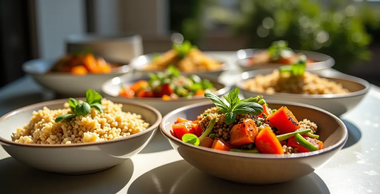 Table de buffet avec différents plats séparés dans des contenants permettant un service modulaire