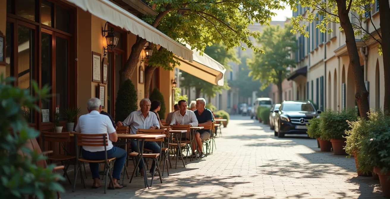 Terrasse de café de quartier avec habitants locaux en discussion