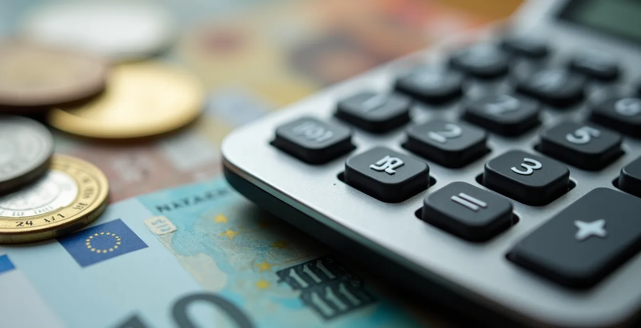 Vue macro d'une calculatrice avec pièces et billets flous en arrière-plan