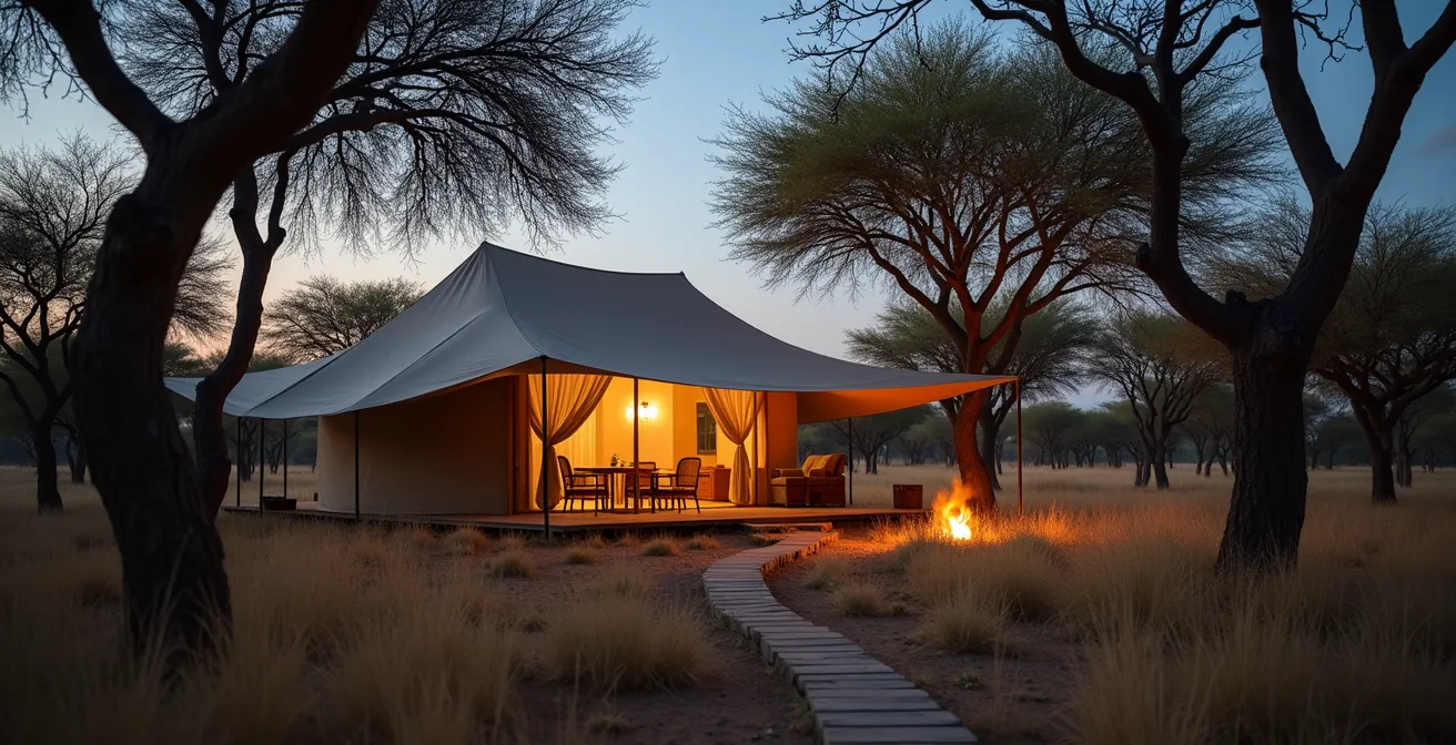 Campement minimaliste intégré dans la nature africaine au crépuscule