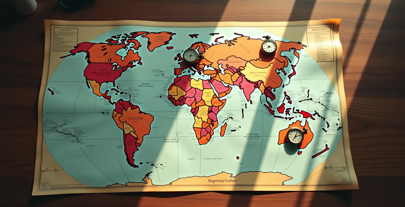 Carte de voyage avec plusieurs horloges montrant différents fuseaux horaires