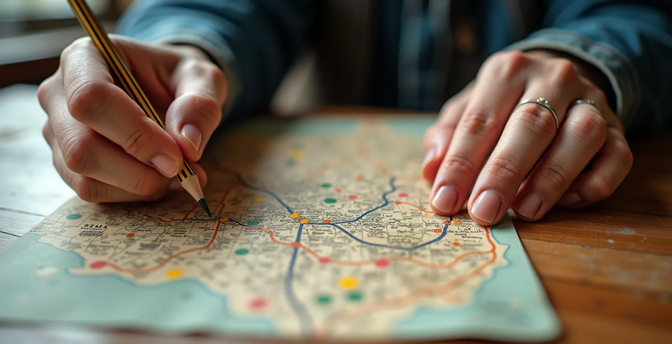 Main tenant une carte papier de Rome avec cercles colorés marquant les zones touristiques