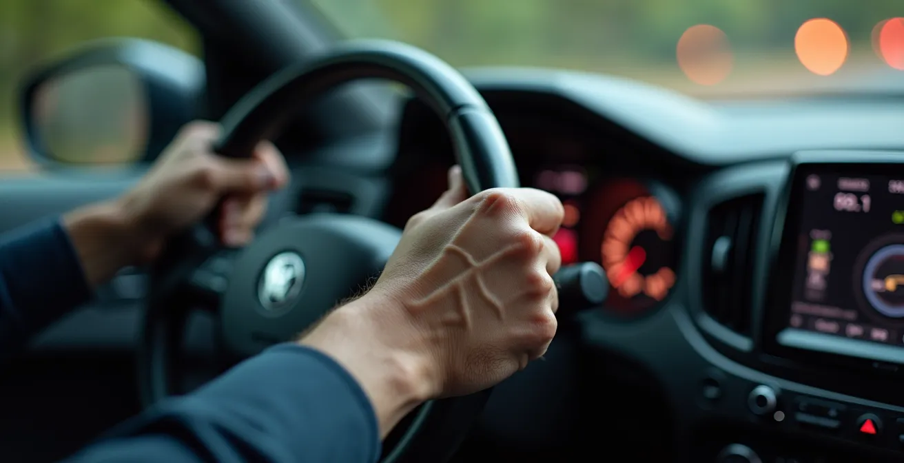 Gros plan sur les mains d'un conducteur crispées sur le volant d'une voiture, tableau de bord flou en arrière-plan