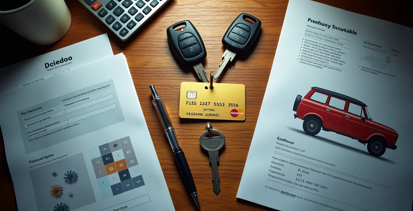 Vue en plongée de documents d'assurance location et carte bancaire Gold sur une table