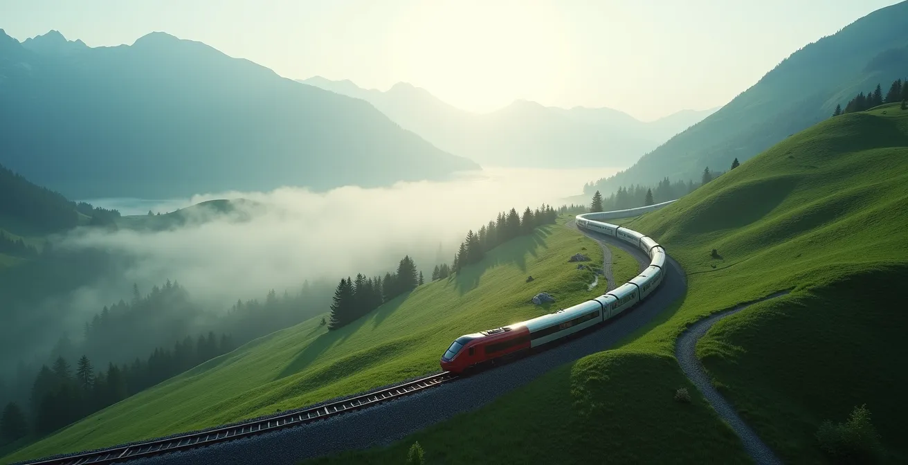 Vue aérienne d'un train traversant une vallée verdoyante avec des montagnes en arrière-plan
