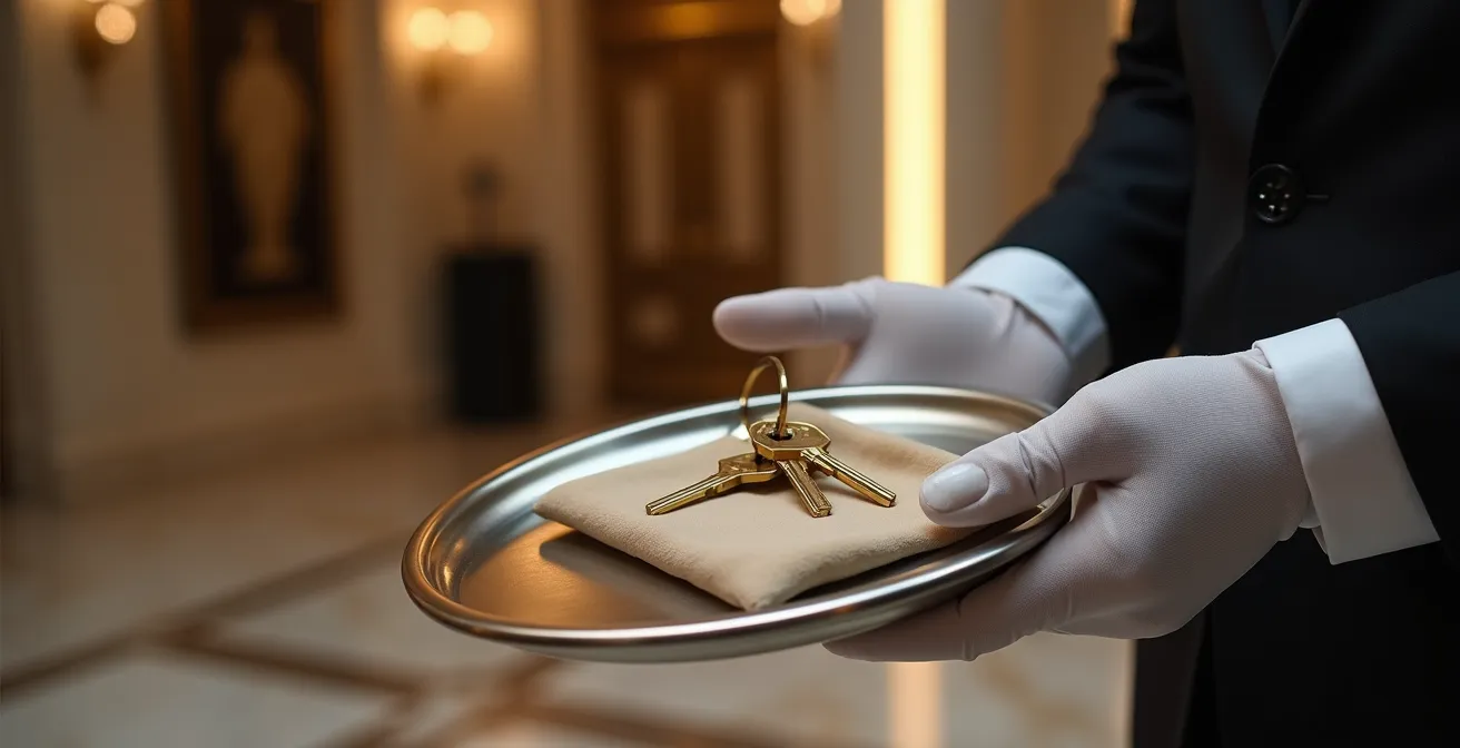 Main gantée de blanc tenant un plateau d'argent avec clés dorées dans un hall de marbre élégant