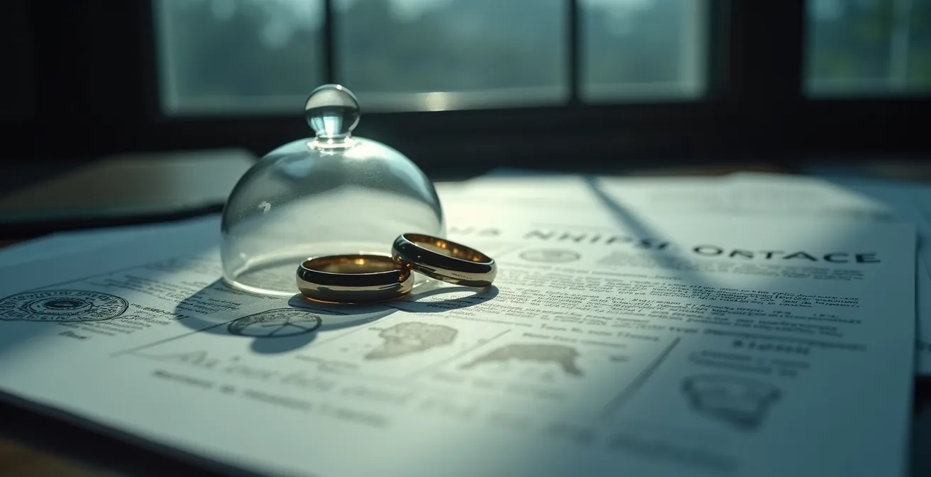 Documents d'assurance mariage avec carte météorologique floue en arrière-plan