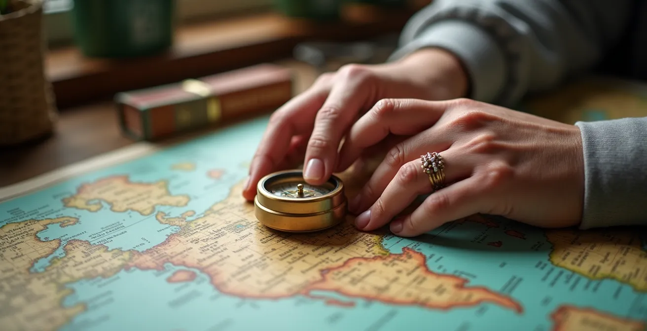 Couple étudiant ensemble une carte du monde avec des épingles marquant différentes destinations de voyage