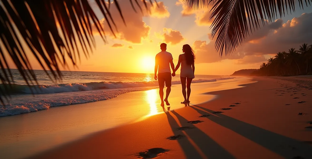 Silhouettes d'un couple marchant main dans la main sur une plage des Maldives au coucher du soleil