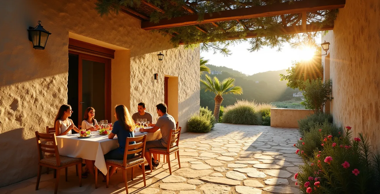 Cour intérieure abritée d'une longère oléronaise avec terrasse en pierre et végétation méditerranéenne