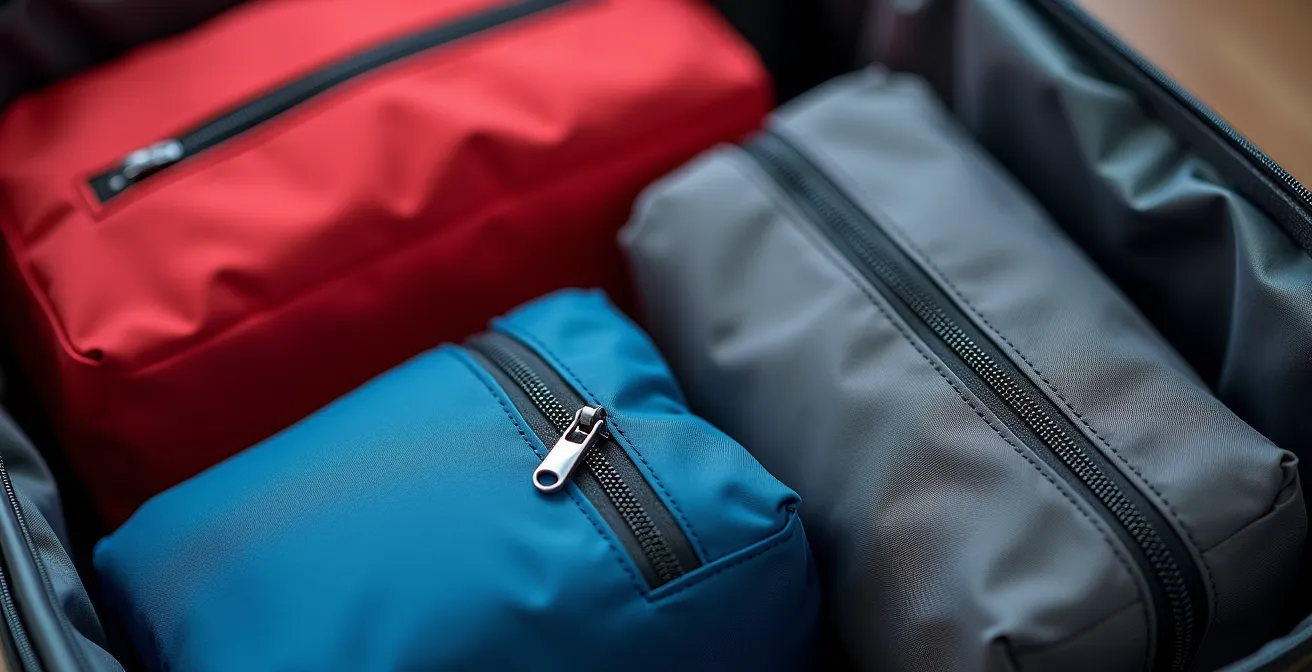 Vue macro de cubes de rangement colorés avec fermetures éclair de compression dans une valise ouverte