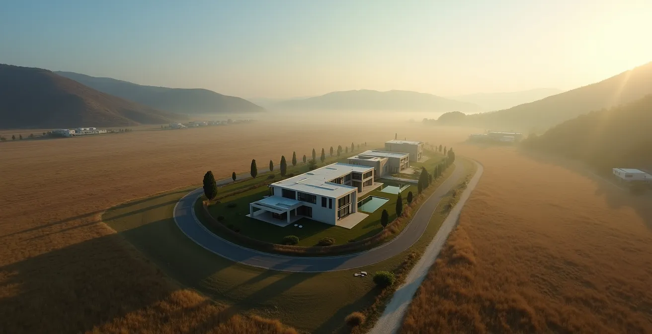 Vue aérienne d'un domaine résidentiel isolé entouré de nature avec route sinueuse