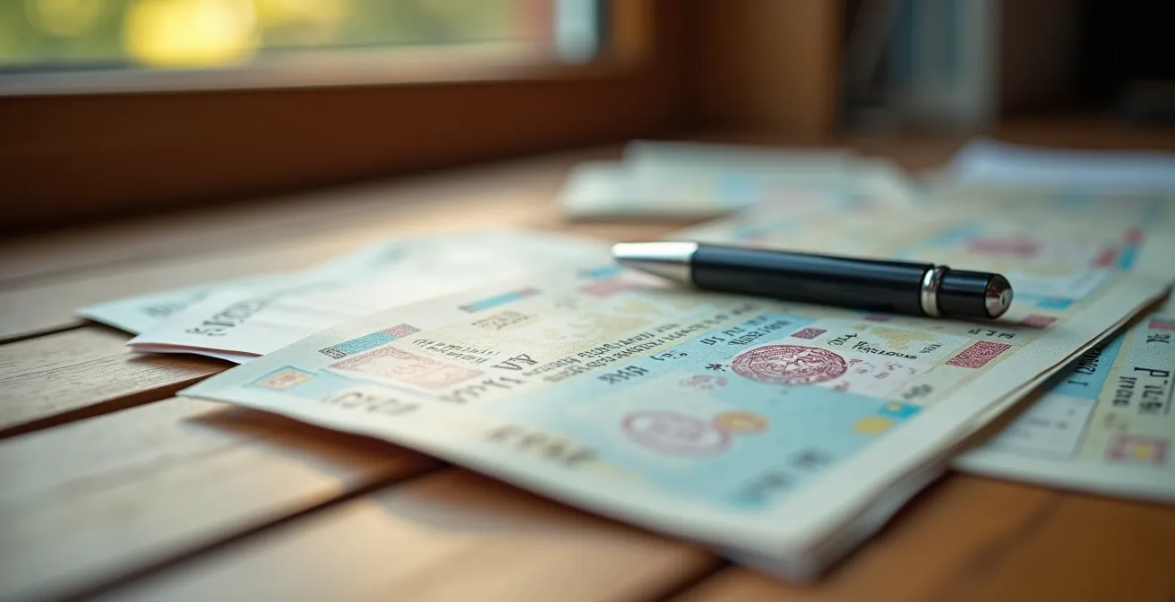 Bureau avec documents de voyage organisés pour demande de remboursement
