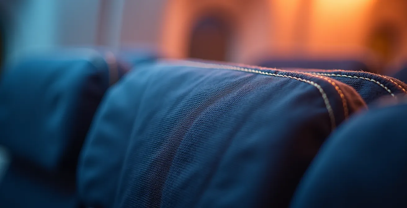 Vue macro sur des rangées de sièges vides en cabine d'avion