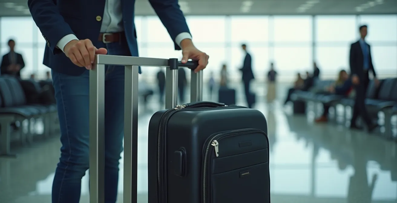 Valise souple compressée pour entrer dans un gabarit métallique à l'aéroport