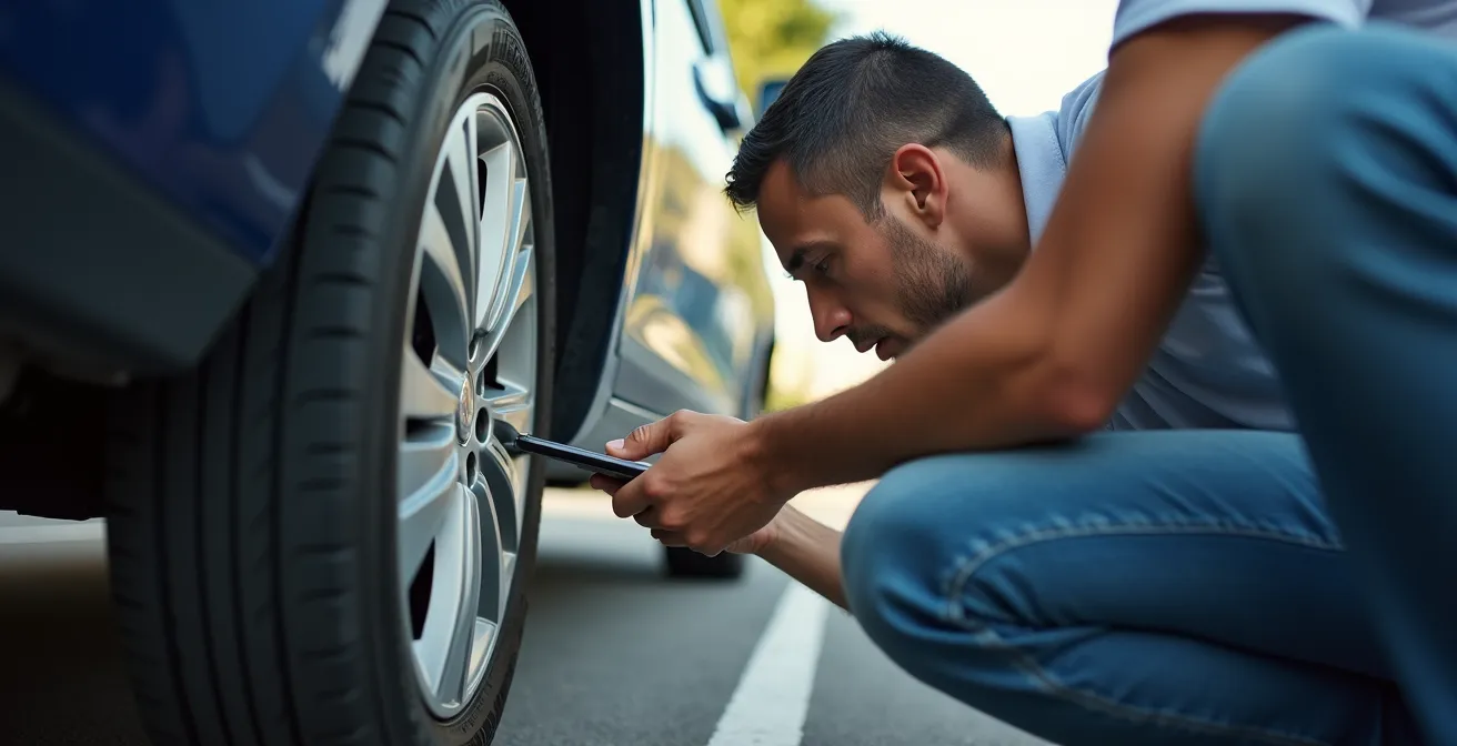 Personne photographiant le dessous et les jantes d'une voiture de location