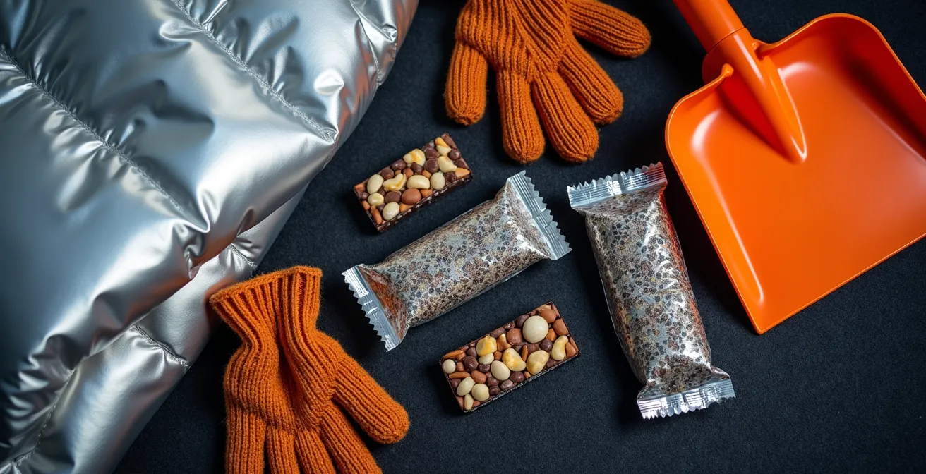 Kit de survie hivernal disposé dans le coffre d'un véhicule en Islande