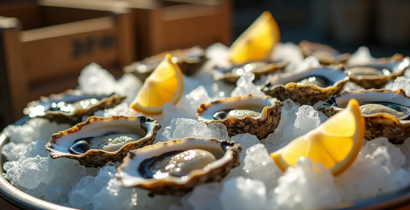 Étal de fruits de mer au marché central de La Rochelle avec huîtres fraîches et crustacés sur glace