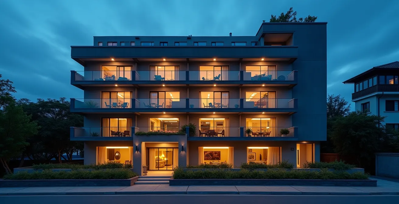 Vue architecturale en coupe d'un hôtel montrant les différents niveaux sonores par étage