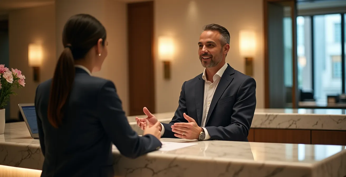 Vue en contre-plongée d'une réception d'hôtel moderne avec un client en discussion avec le réceptionniste
