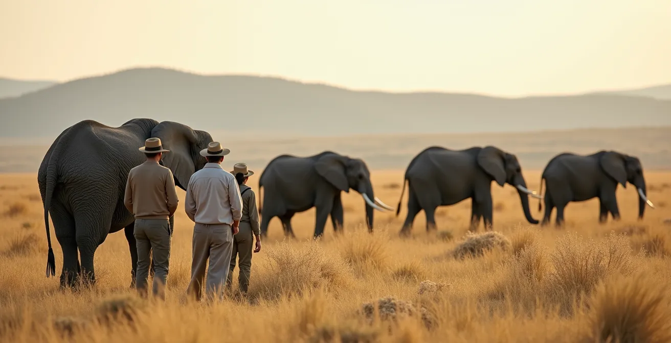 Observateurs humains maintenant une distance sécuritaire avec un troupeau d'éléphants