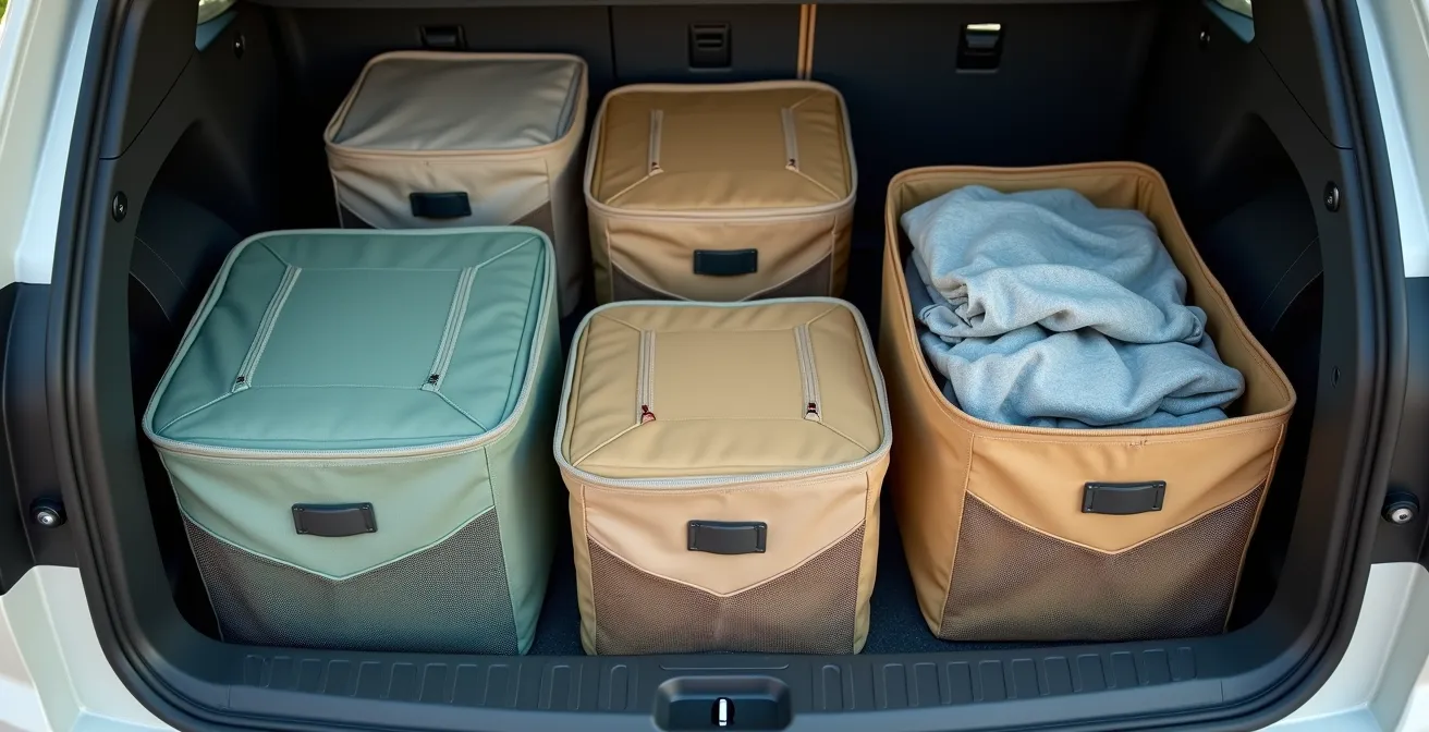 Coffre de voiture organisé avec des cubes de rangement colorés et un système modulaire