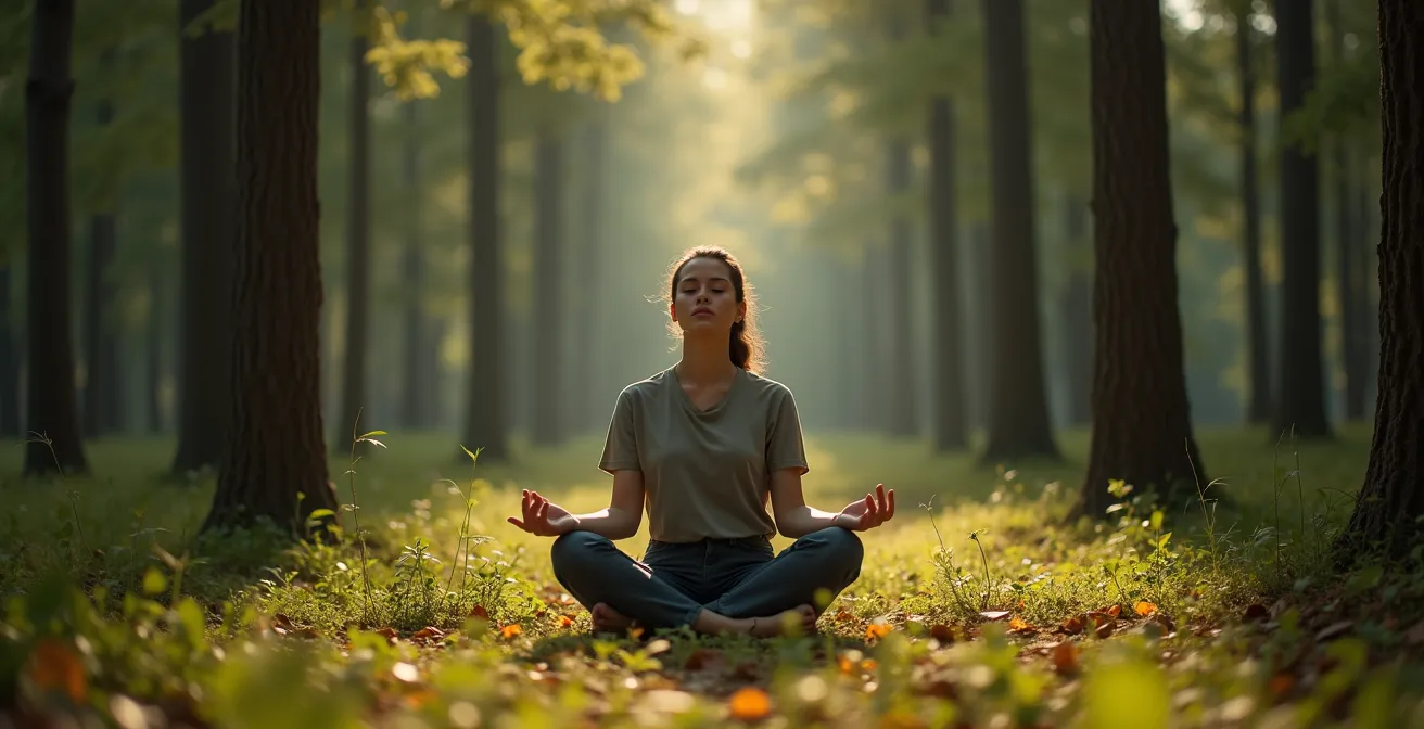 Personne assise en position de méditation dans une clairière forestière entourée d'arbres