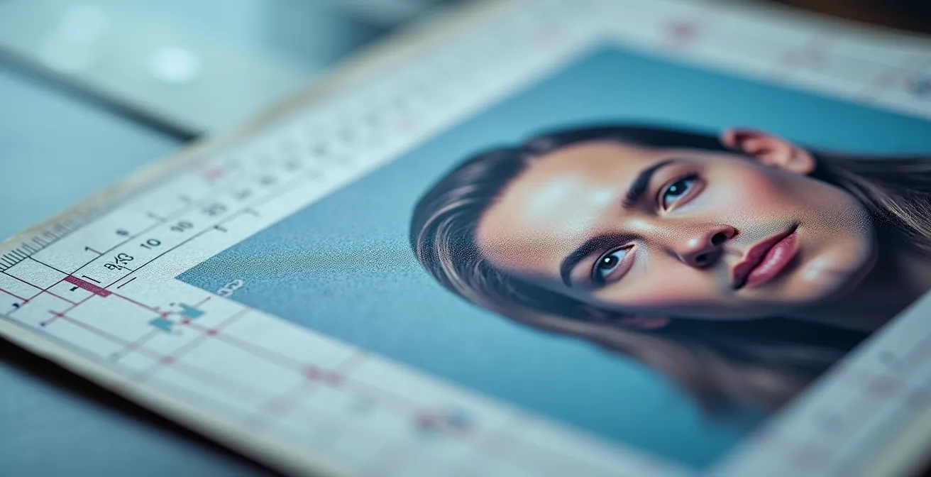 Vue macro d'une photo d'identité conforme aux normes biométriques avec détails techniques visibles