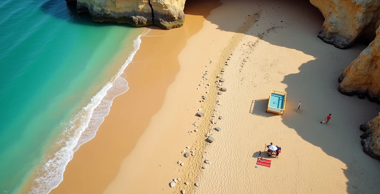 Vue aérienne d'une plage avec un emplacement stratégique près du poste de secours, illustrant le concept de sécurité par le positionnement.