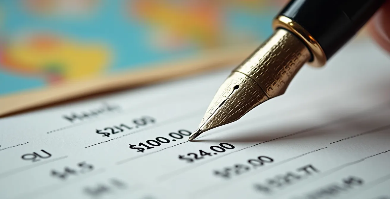 Vue macro de documents de planification de voyage avec calculatrice et notes manuscrites