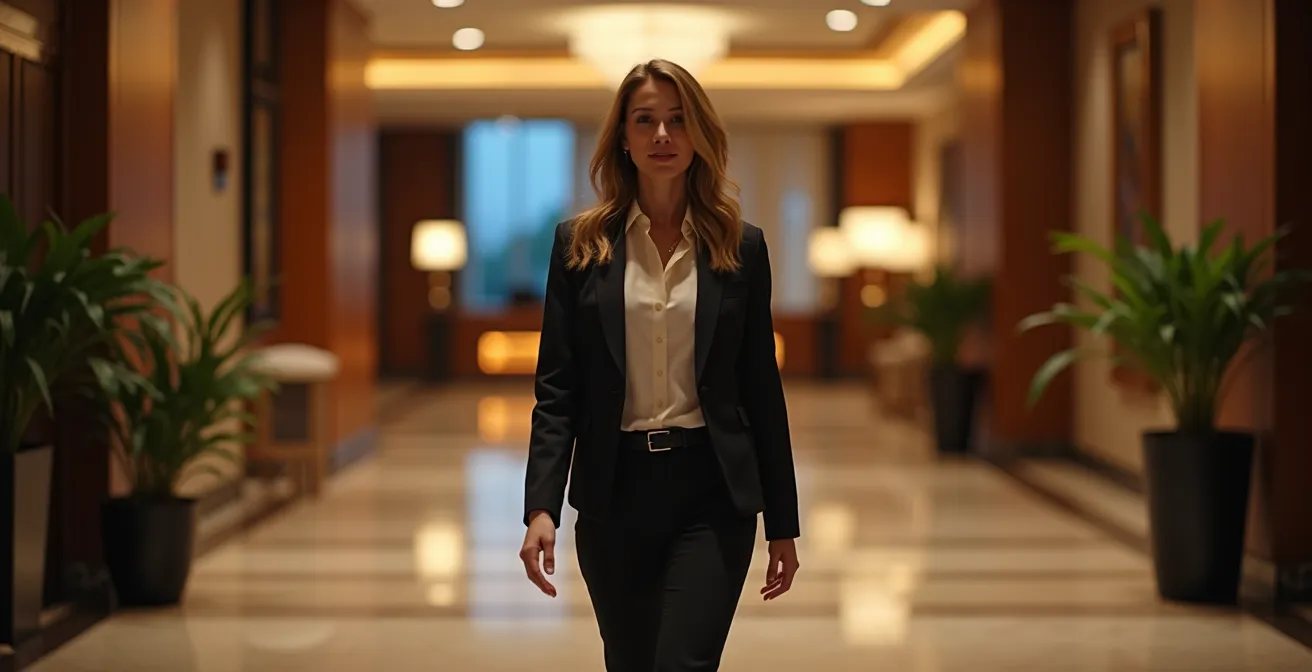 Hall d'accueil moderne d'un appart'hôtel avec réception éclairée en soirée