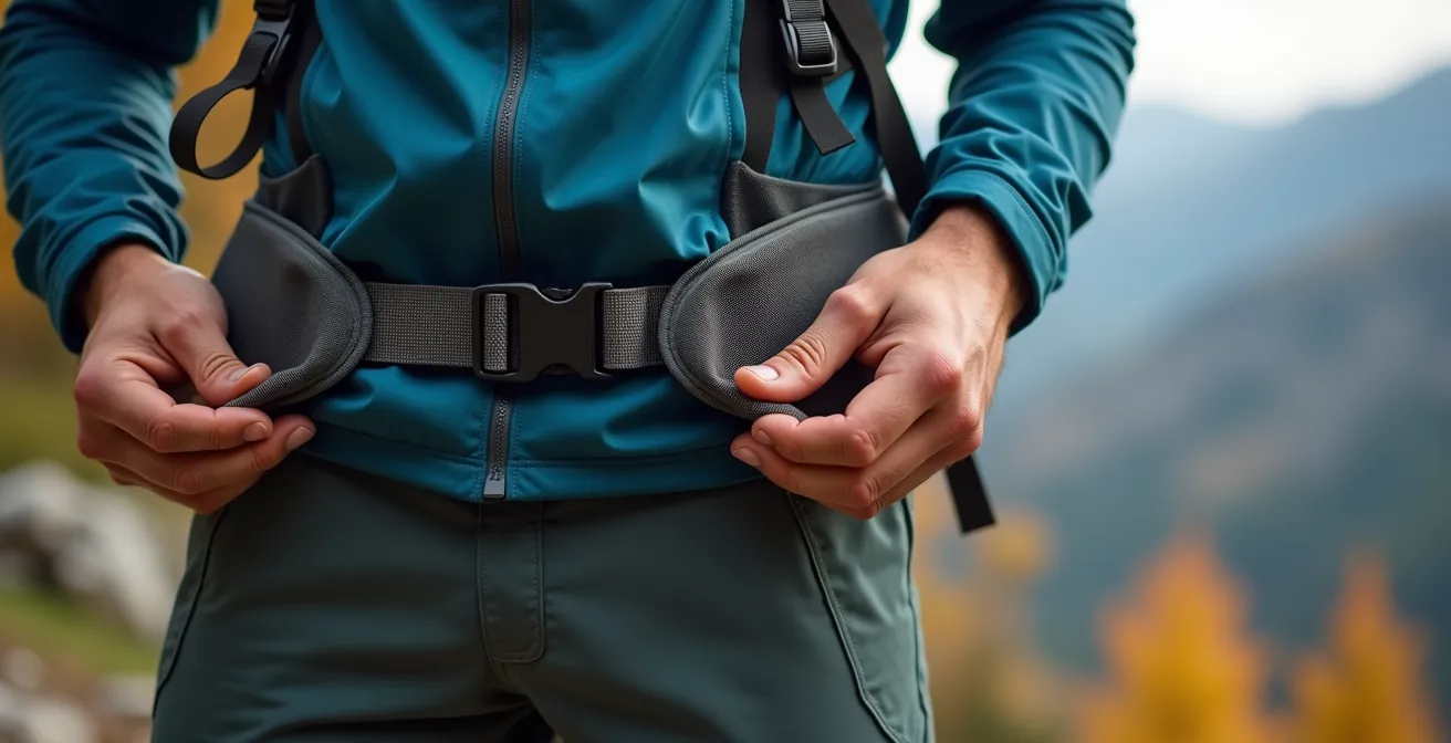 Randonneur ajustant les sangles de son sac à dos dans un environnement montagnard