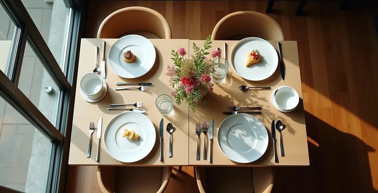 Vue d'ensemble minimaliste d'une table de restaurant montrant le contraste entre simplicité et mise en scène