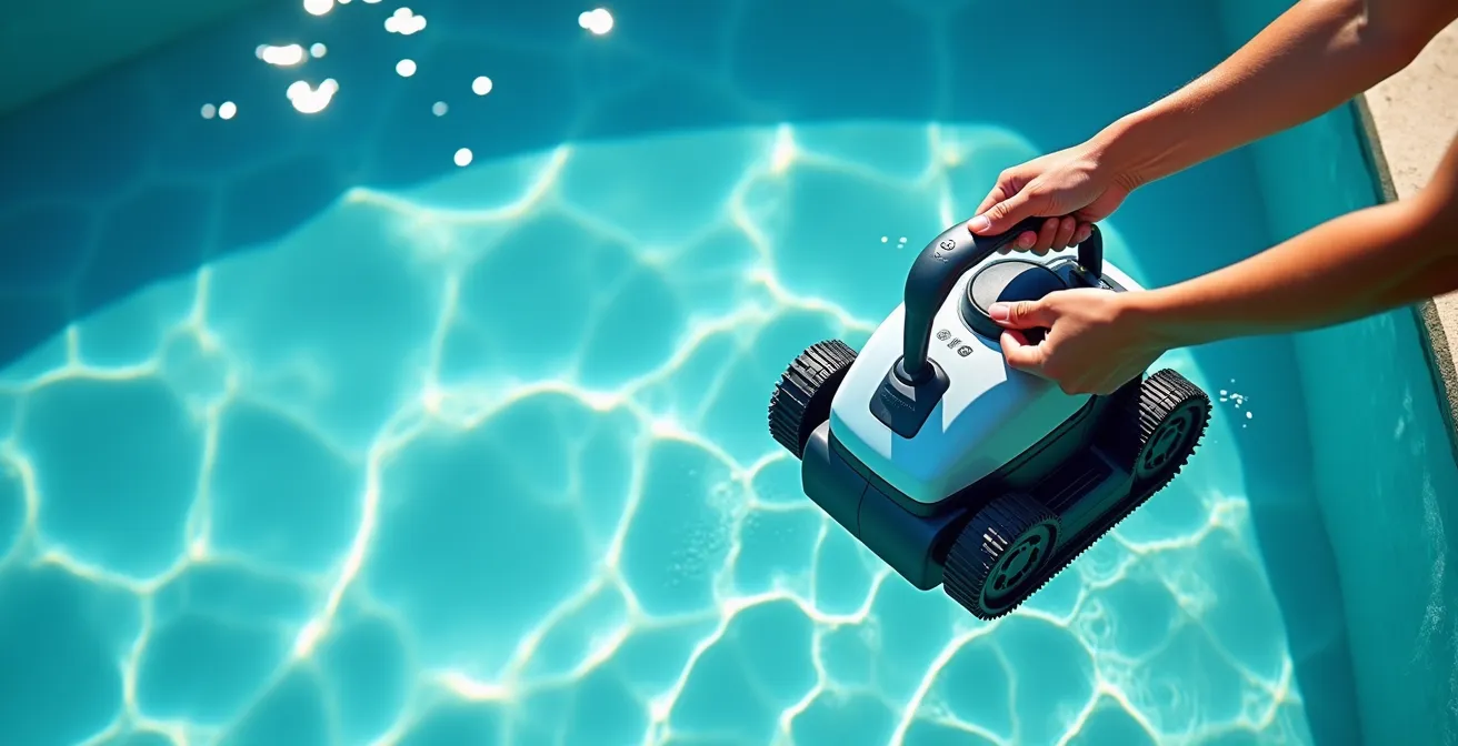 Mains manipulant correctement un robot de piscine par la poignée