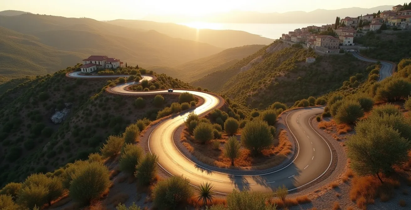 Vue aérienne d'une route sinueuse traversant les collines du Var avec villages perchés