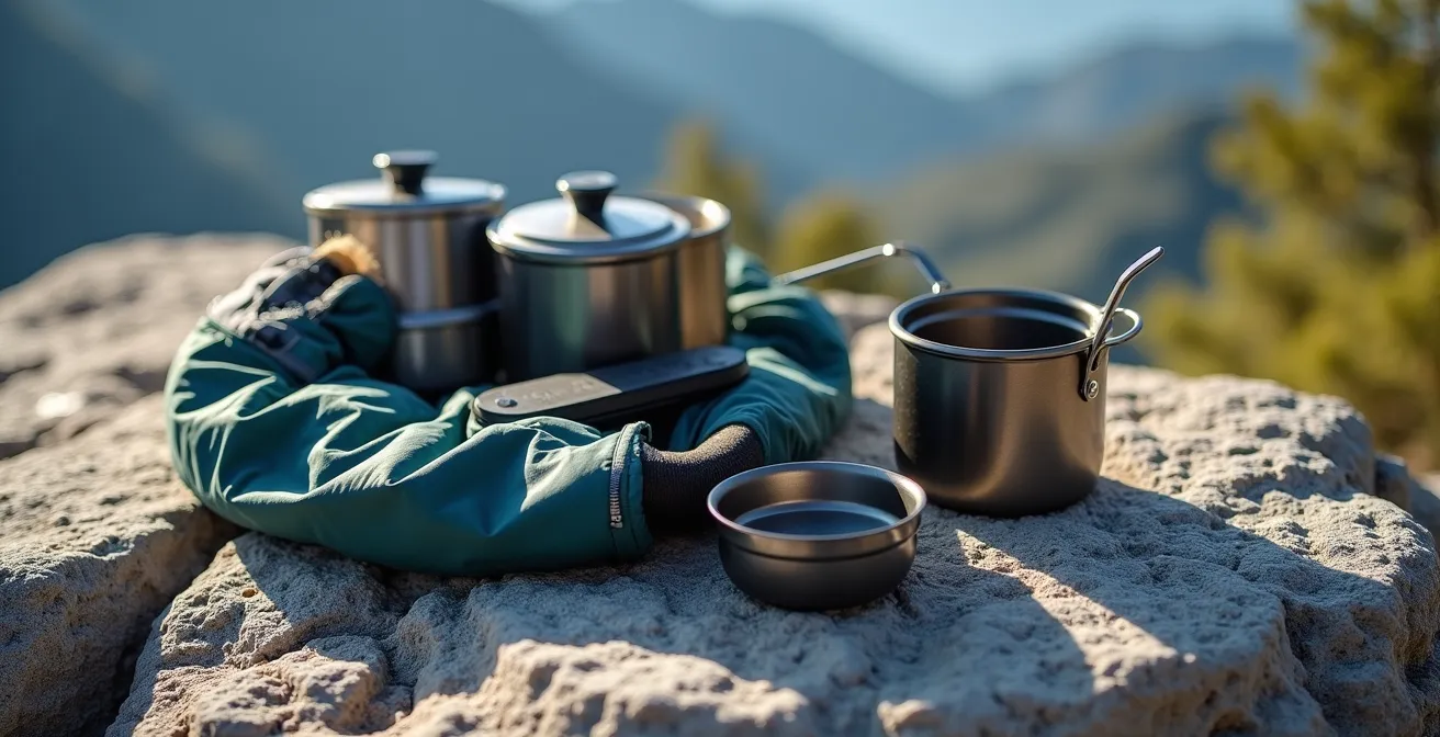 Équipement de randonnée minimaliste disposé sur un rocher avec une vue sur la montagne