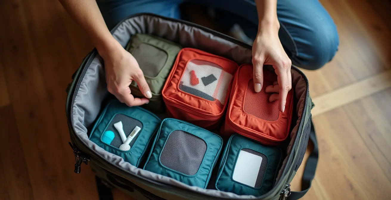 Organisation minimaliste d'un sac à dos avec système de cubes de rangement colorés