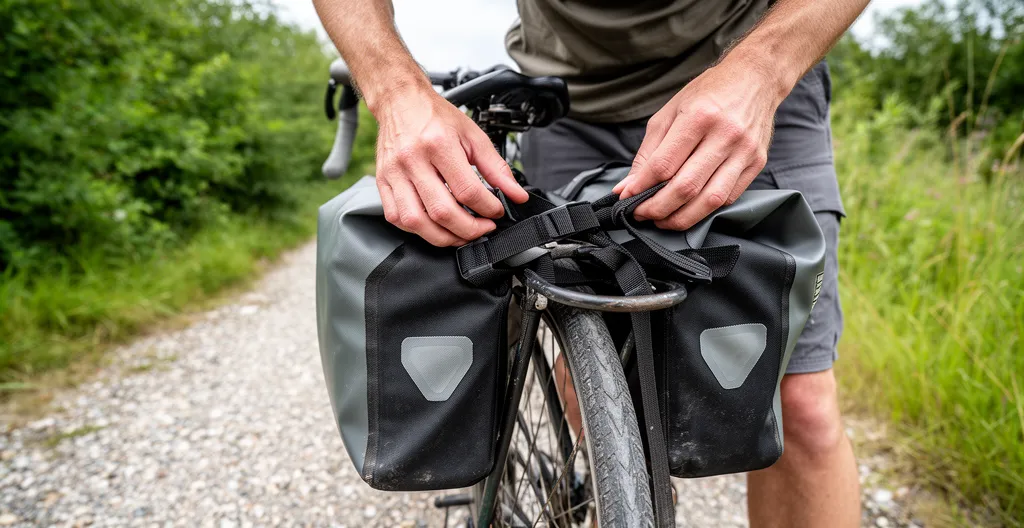 Sacoches vélo étanches fixées sur porte-bagages arrière avec mains ajustant une sangle
