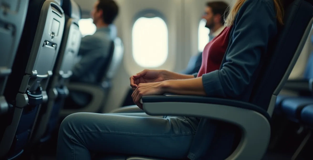 Gros plan sur une issue de secours d'avion vue de l'intérieur avec sièges adjacents