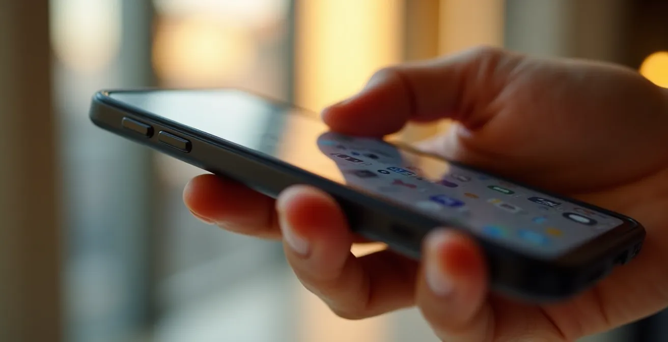 Main tenant un smartphone montrant une interface de réservation floue avec des icônes de réduction visibles