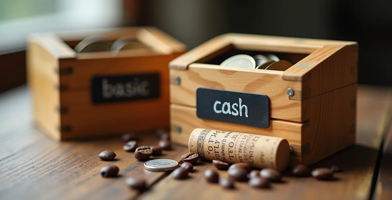 Gros plan sur deux boîtes en bois étiquetées pour la caisse commune et les extras personnels