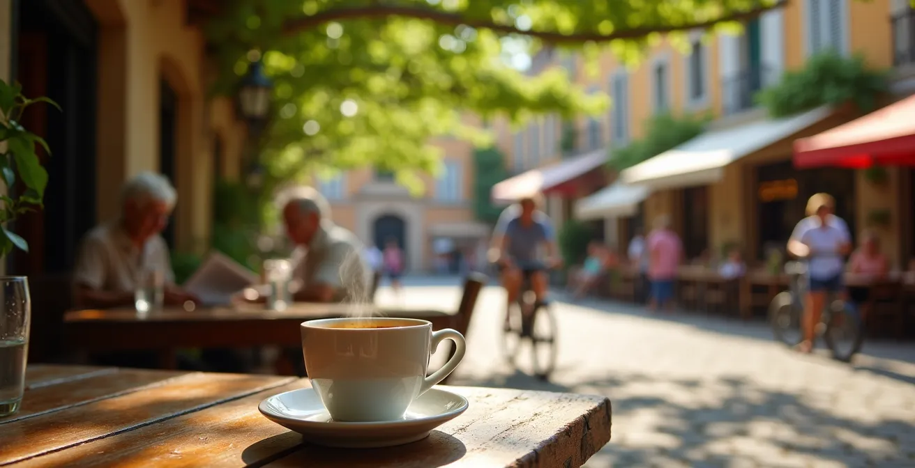 Table de café avec tasse fumante sur une terrasse ombragée donnant sur une place de village