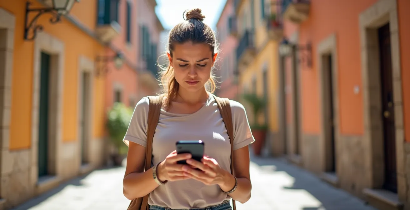 Personne concentrée regardant son smartphone dans une rue romaine ensoleillée