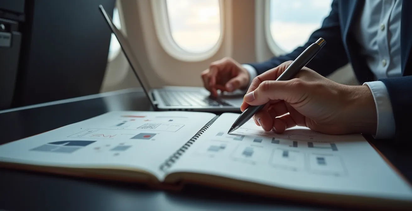 Gros plan sur les mains d'un professionnel travaillant sur un carnet dans un avion avec vue floue sur le hublot