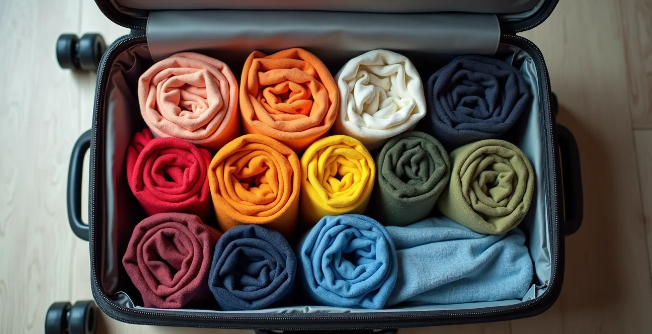 Vue plongeante d'une valise ouverte avec vêtements méticuleusement roulés et organisés par couleur